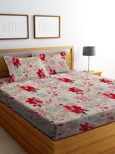 Image of DECORUM Glace Cotton Fitted 1 Bedsheet King Size (72 inchx78 inch) | All Around Elastic | Cotton Feel | 2 Pillow Covers (17 inchx27 inch) | Fits Up to 8 inch Mattress | 200-220 TC | Printed Double Bed Sheet Set