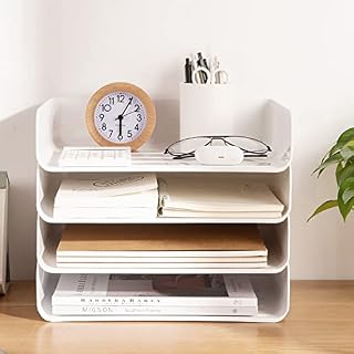 4 Tier Stackable A4 Filing Trays, Office Desk File Rack, Tidy File Document Letter Paper Organizer (4 Tiers,White)