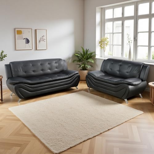 Anthato Black Leather Sectional Sofa Couches, 2 Piece Living Room