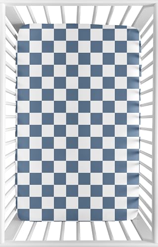 Image of Sweet Jojo Designs Baby Fitted Mini Crib Sheet (Blue Gingham Checkered Plaid) for Boys, Newborn /Infant Nursery, Play Yards, Portable Cribs (Vintage, Classic Checkerboard, Geometric, Minimalist, Retro)