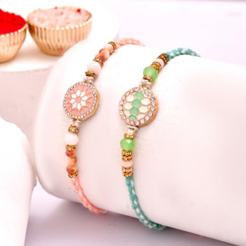 Image of CraftVatika Kundan Rakhi Set for Brother Set of 2, Designer Peacock Rakhi for Brother Boy Men, Premium Kalash Raki for Bhaiya, Traditional Rakshabandhan Rakhis with Best Wishes Card and Tillak Set