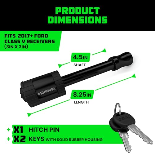 Image of Rhino USA 3 inch Trailer Hitch Pin - Patented Locking Receiver Pin for Class V Hitches - Weatherproof, Anti-Theft, Debris-Protected - Tow Truck Ready - Black 1PK