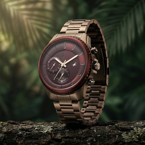 Image of Fastrack Wild Chameleons Back Inspired Bezel with Maroon Dial IP TCE Stainless Steel Strap Watch for Men - 3337KM02