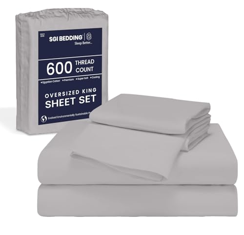 Image of SGI Bedding 144 inch W x 84 inch L 4Pc Family XL Sheet Set 100% Egyptian Cotton - 600 Thread Count, Fits 12 inch Deep Pocket - Soft Breathable Oversized Sheets, for Extra Large Beds - Light Grey
