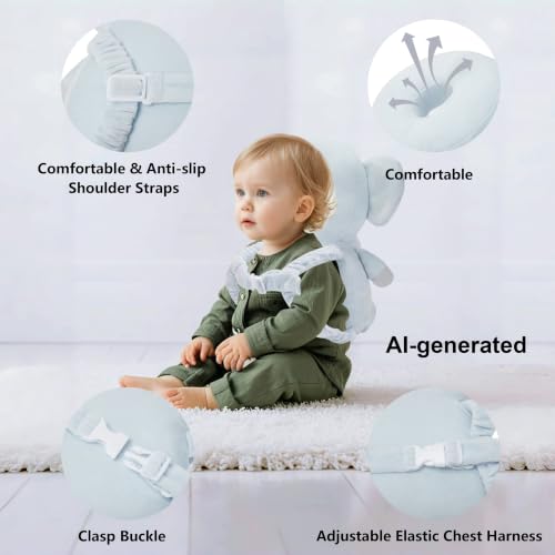 Image of Baby Head Back Protector Backpack Toddler Safety Protector Cushion Pad Soft, Adjustable and Lightweight Design for Safe Walking and Crawling Toddlers Girls and Boys(Light Blue Elephant)