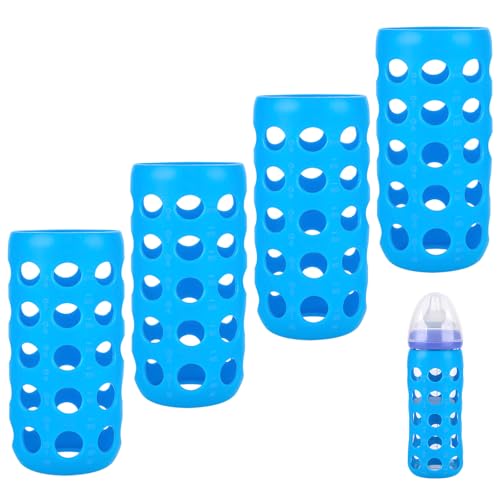 Image of 4 Pack Silicone Sleeves Compatible with Lansinoh Glass Bottles, Silicone Sleeves for Glass Bottles, Drop Protection, Maintain Temperature of Milk, with Cutouts for Easy Milk Level Monitoring, Blue