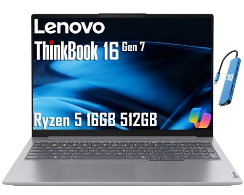 Image of Lenovo ThinkBook 16 Gen 7 Business Laptop (16 inch FHD+ Anti-Glare, AMD Ryzen 5 7533HS (> Intel i7-1255U), 16GB DDR5, 512GB SSD) Fingerprint Reader, Webcam, Ethernet, Wi-Fi, IST HUB, Win 11 Pro w /Copilot