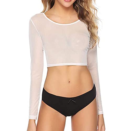 WTMFORU Shirt Transparent Langarmshirt Damen T-Shirt mit Langarm durchsichtig fest Rundhals Oberteile Rollkragenpullover Netzstoff für Party Tüll Mesh Bluse Tunika Crop Top (Weiß), Einheitsgröße