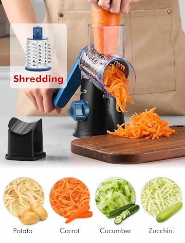 Image of Cheese Grater Rotary, Rotary Grater for Kitchen, Kitchen Vegetable Slicer with 3 Drum Blades, Fast Cutting Cheese Shredder for Vegetables and Nuts