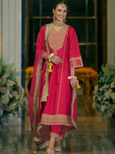 Image of INDO ERA Women's Silk Blend Ethnic Motifs Embroidered A-Line Kurta & Pant with Dupatta Set (IEOUT12437)