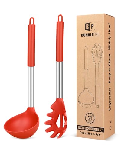 BUNDLEPRO Silicone Pasta Fork and Ladle Spoon Set, 2 Pack, R...