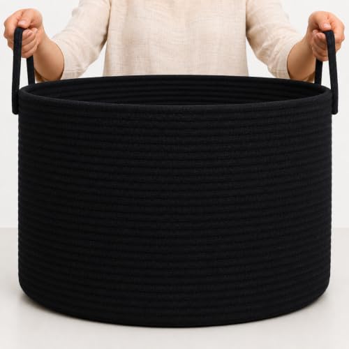 Image of OrganiHaus Round Toy Basket & Blanket Basket, Cotton Rope 20x13 inch | Full Black - Round Cotton Rope Basket, 20x13 inch