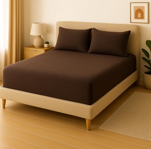 Image of VAS COLLECTIONS Luxury Warm Winter Elastic Fitted Bedsheet with 2 Pillow Covers - Ultra Soft Flannel Velvet Touch, Cozy & Wrinklefree lintfree Size - 78x72+10 Inches (Dark Brown)
