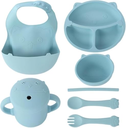 AZIEBAY 子供用シリコン食器セット|かわいい仕切りプレート&スプーン・フォーク|幼児・キッズ向け安心素材 BPAフリー