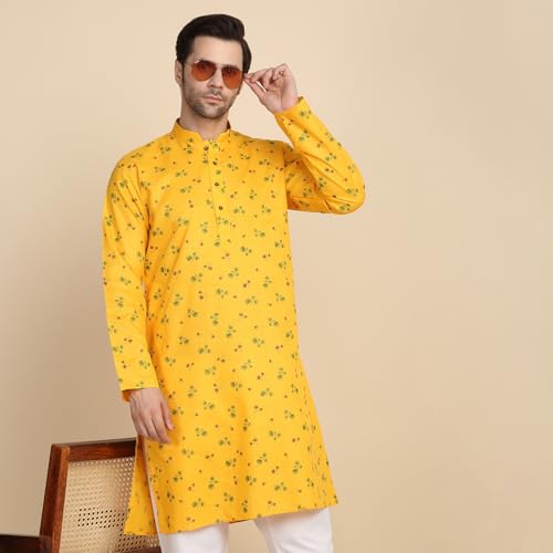 Image of KRAFT INDIA Men's Cotton Blend Geometric Printed Straight Long Regular Kurta and Elastic Waistband Pyjama Set