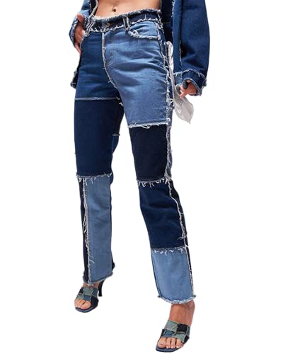 RINTONIX Womens High Waist Colored Patchwork Straight Leg Denim Jeans Pants Frayed Raw Hem Pencil Denim Pants