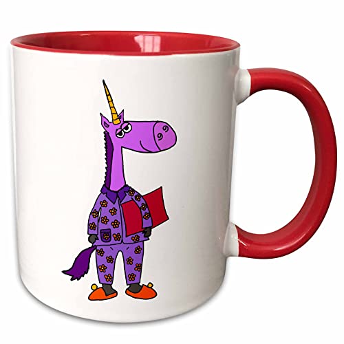 3dRose Funny Cute Purple Unicorn in Flowered Pajamas 11oz Two-Tone Red Mug