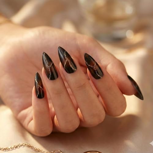 Image of Black & Gold Marble Press On Nails | Glossy Almond Shape Fake Nails | Luxury Gold Vein Design | Reusable Stick On Nails with Glue Kit
