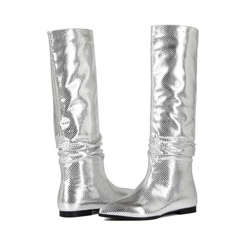Womens Knee High Boots Pointed Toe Flat Tall Boots for Women Metallic Slouch Long Boots Low Heel3