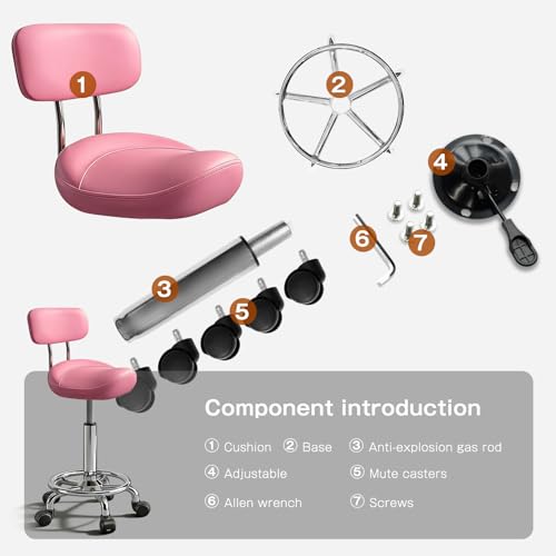 Image of Saddle Stool with Ring Pedal and Back, Adjustable Hydraulic Rolling Chair with Wheels for Medical, Massage, Salon, Spa, Kitchen, and Drafting Use