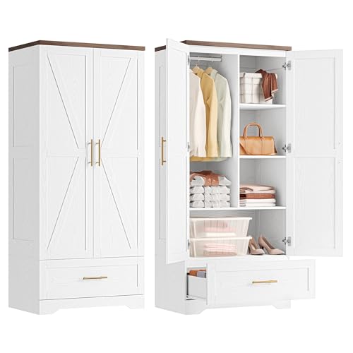 IRONCK Armoire Wardrobe Closet with Door and Drawer, 71” Wardrobe Cabinet with Hanging Rod, Armoire with Shelves, Tall Wardrobe Closet for Bedroom, White