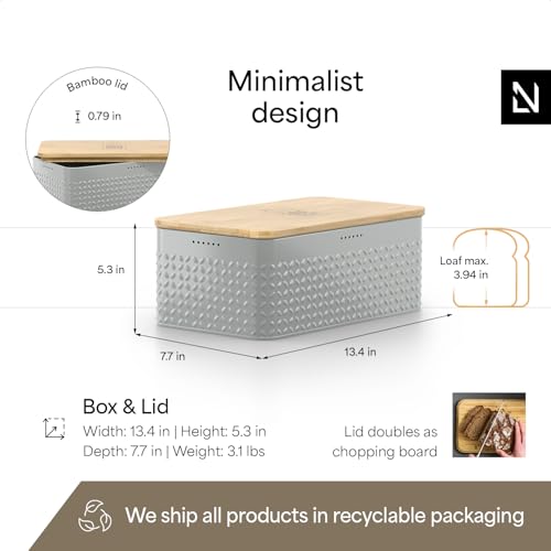 Image of LARS NYSOM Bread Box I Metal Box for long lasting freshness I Bread Bin with bamboo lid usable as cutting board I 13.4x7.7x5.3In (Pebble Gray)