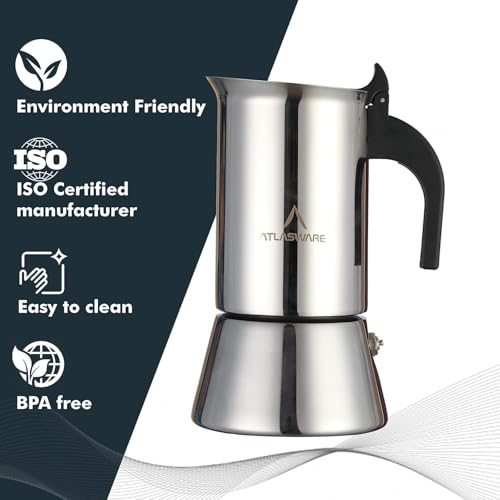 Image of Atlasware Stainless Steel Mocha Design Coffee Maker | Induction, Gas, Hot Plate Compatible | Compact BPA Free Espresso Filter Coffee Black Tea Pot Percolator for Home, Kitchen, Travel (Silver, 2 Cup)