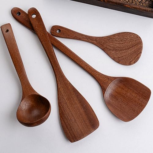 Cooking Utensils Set, 4-Piece Set Solid Wood Ergonomic Handle Hangable Durable Bending Resistance Cooking Spoons,Comfortable to The Touch Rounded Edges Cooking Spatula for Home Kitchen Cooking - image 3