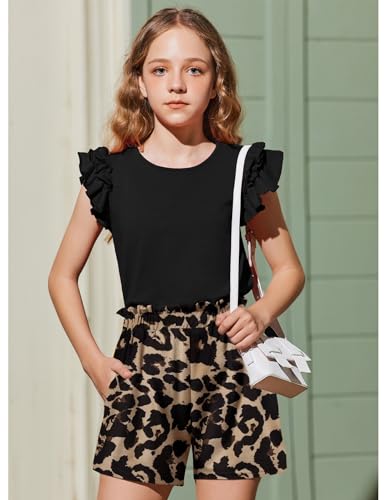 Image of Arshiner Girls 2 Piece Outfits Summer Clothes Ruffle Short Sleeve Shirts Top and High Waist Paper Bag Shorts Set with Pockets