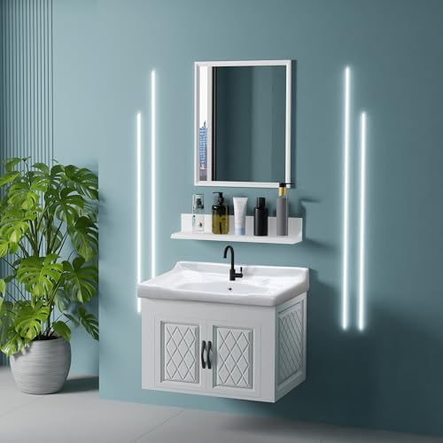 Image of WASSMIST Bathroom Vanity Washbasin Cabinet with Mirror & Shelf | Wall Mounted Wash Basin with Cabinet Full Set | Waterproof & Unbreakable (White)