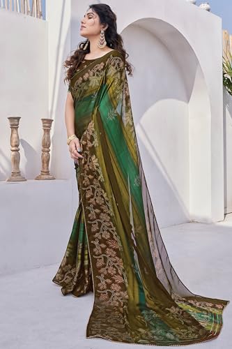 Image of MIRCHI FASHION Saree for Woman Chiffon Foil Work Floral Printed | Ethnic Sari for Function and Farewell with Unstitched Blouse Piece (Available in 15 Colors)