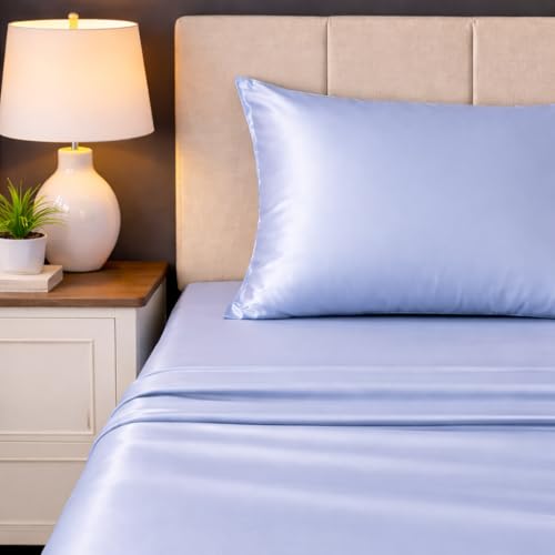 Image of LANE LINEN 100% Cotton Satin Fantasy Bedsheet Double Size - French Blue | OEKO-Tex Certified, 100% Cotton Satin Weave, Fits Double & Queen Bed, Gentle on Skin & Hair, Wrinkle-Free