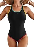 Herseas Women's One Piece Bathing Suit Crochet Trim Crisscross Back Slimming Bathing Suits Color Black high Waisted Swimsuits Tummy Control Medium