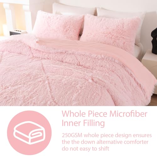 Image of Faux Fur Fluffy Girls Twin Bedding Set 3 Pieces Light Pink Plush Kids Comforter Set for Teen Girl Soft Warm Fuzzy Bed Comforter (Blush Pink, Twin)