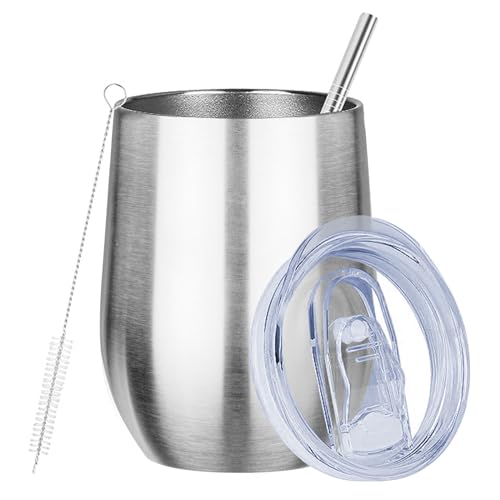 Image of MEZMUT 12oz Insulated Wine Tumbler with Lid Wine Glass Cup(Silver,1) | Double Wall Vacuum Stainless Steel Small Coffee Mug, Leakproof Metal Insulated Tumbler Cup for Champaign, Cocktail, Beer