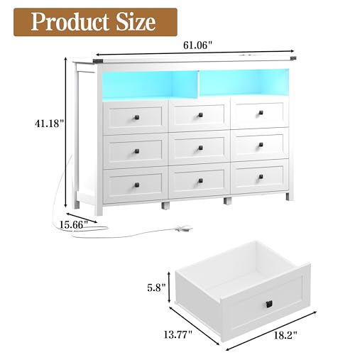 Image of Wodeer 9 Drawer Dresser for Bedroom with LED Lights, Charging Station, Wood Chest of Drawers with Metal Handles, Modern TV Stand & Storage Organizer for Bedroom, Hallway, White