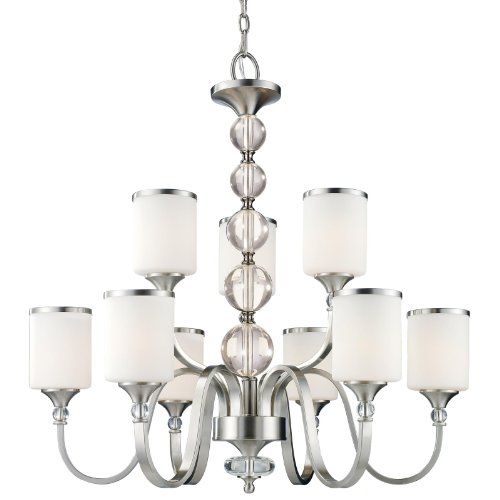 Z-Lite 308-9-BN Cosmopolitan Nine Light Chandelier, Metal Frame, Brushed Nickel Finish and White Shade of Glass Material Z-Lite 308-9-BN Cosmopolitan Nine Light Chandelier, Metal Frame, Brushed Nickel Finish and White Shade of Glass Material