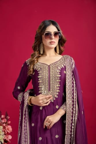 Image of Women's Heavy Embroiderd Work Purple Color Weding Wear Straight Kurta Sharara Set for Women with Dupatta