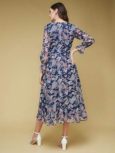 Image of Life with Pockets Women's V-Neck Full Sleeves Polyester Relaxed Fit Midi Length Dress