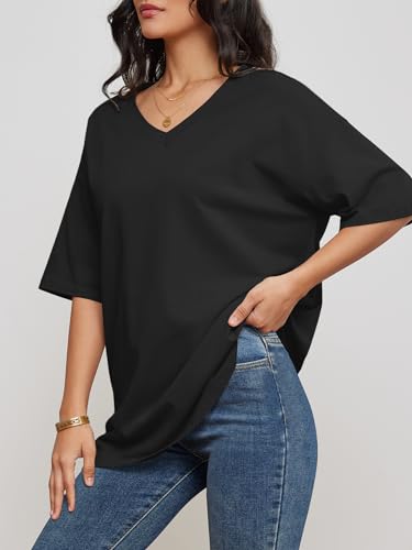 Image of ATHMILE Womens Oversized Shirts V Neck Plus Size Spring Workout Summer Tops Beach Vacation 2026 Gym Clothes Basic Tee