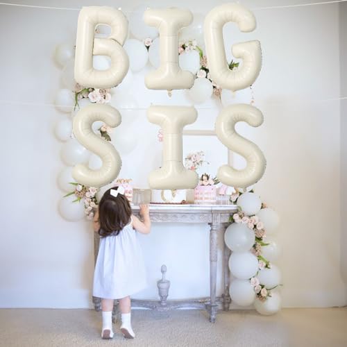 Image of 40 Inch Cream BIG SIS Balloons, Large Beige Neutral Big Sis Balloon Letters Sign with Ribbon, Ivory White Sand Baby Girls Balloon for Her Birthday Baby Shower Gender Reveal Party Decoration Supplies