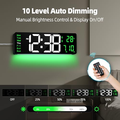 Image of Maxstar 16 inch Digital Wall Clock with Remote, 2 Alarms, DST, Date, Week, Dimmer,Large Digital Clock With Temperatur,Jumbo Number,LED Display,Night Light for Living Room,Kitchen,Garage,Gym,Desk (Green)