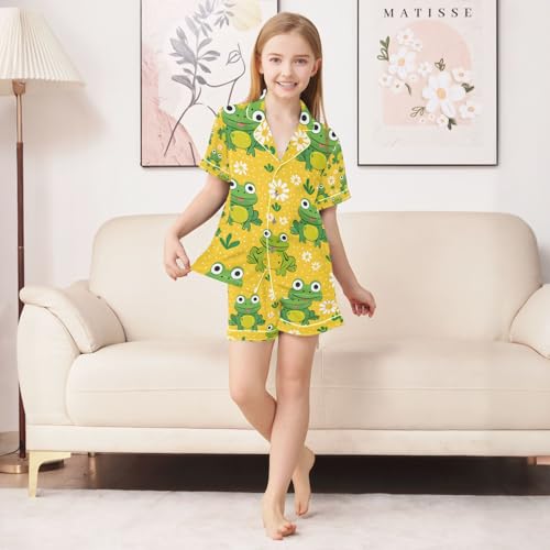 senya Frogs on Yellow Background Satin Summer Pajama Sets Silk Short Sleeve Button Down Sleepwear4