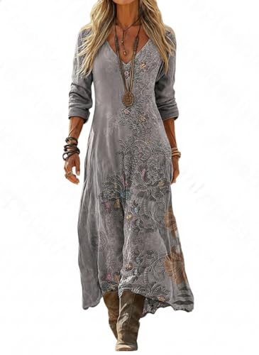 Women's Gray Floral Bohemian A-Line Maxi Dress, Long...