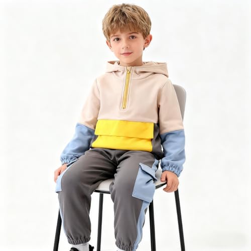 Image of Azmxynol Boys Clothes Kids Little Boy Color Block Half Zip Hoodie & Jogger Pants 2 Piece Outfit Set,4-12 Years