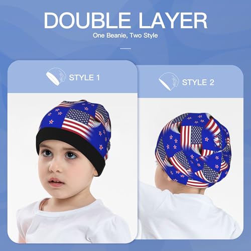 American Flag and Flag of New Zealand Kids Leisure Elastic Knitted Hat Junior Large Size Knit Cap Child Beanie Black3