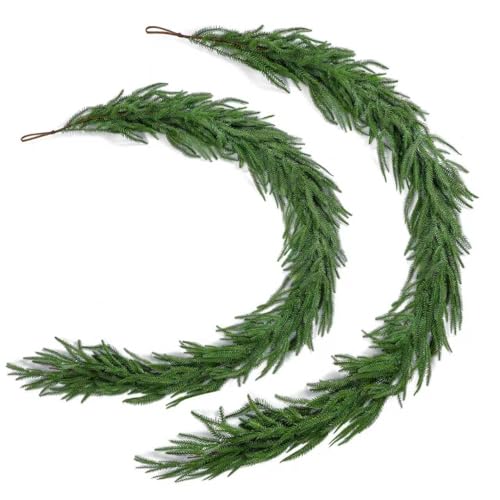 Katflyee 2Pcs 6ft Real Touch Norfolk Pine Garland, Realistic Christmas Garland Natural Green Artificial Greenery Garland for Table, Mantle, Stair Railings, Wall, Outdoor Xmas Decoration