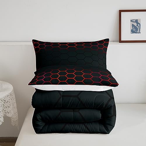 Image of Red and Black Honeycomb Comforter Full Size for Boys Girls, Geometrics Honeycomb Comforter Set Ombre Honeycomb Bedding Set Beehive Hexagon Duvet Set 3Pcs