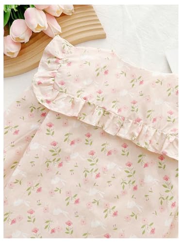 Image of BEAUDRM Girl's Long Sleeve Top Round Neck Ruffle Blouse Floral Print Button Down Shirt Top Pink 3Y