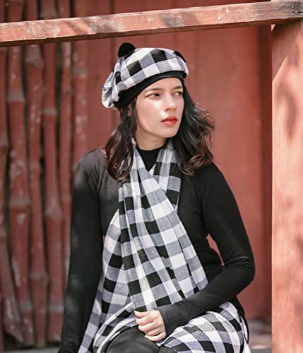Image of Scottish Tam O' Shanter Hat Tartan Bonnet Pom Pom Wool Flat Cap One Size